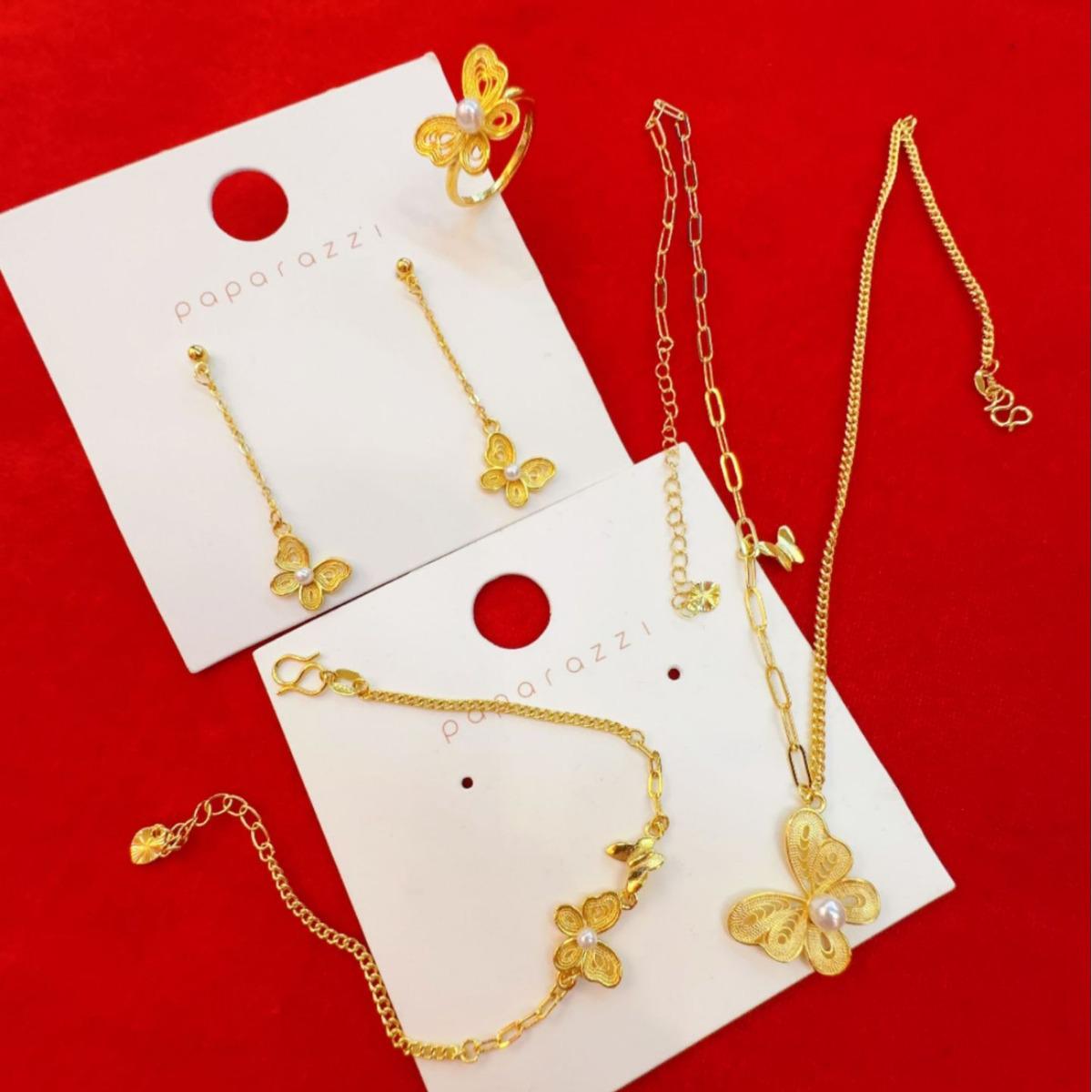 Набор: Золотое ожерелье, браслет, кольцо, серьги с бабочкой и любовью, перламут