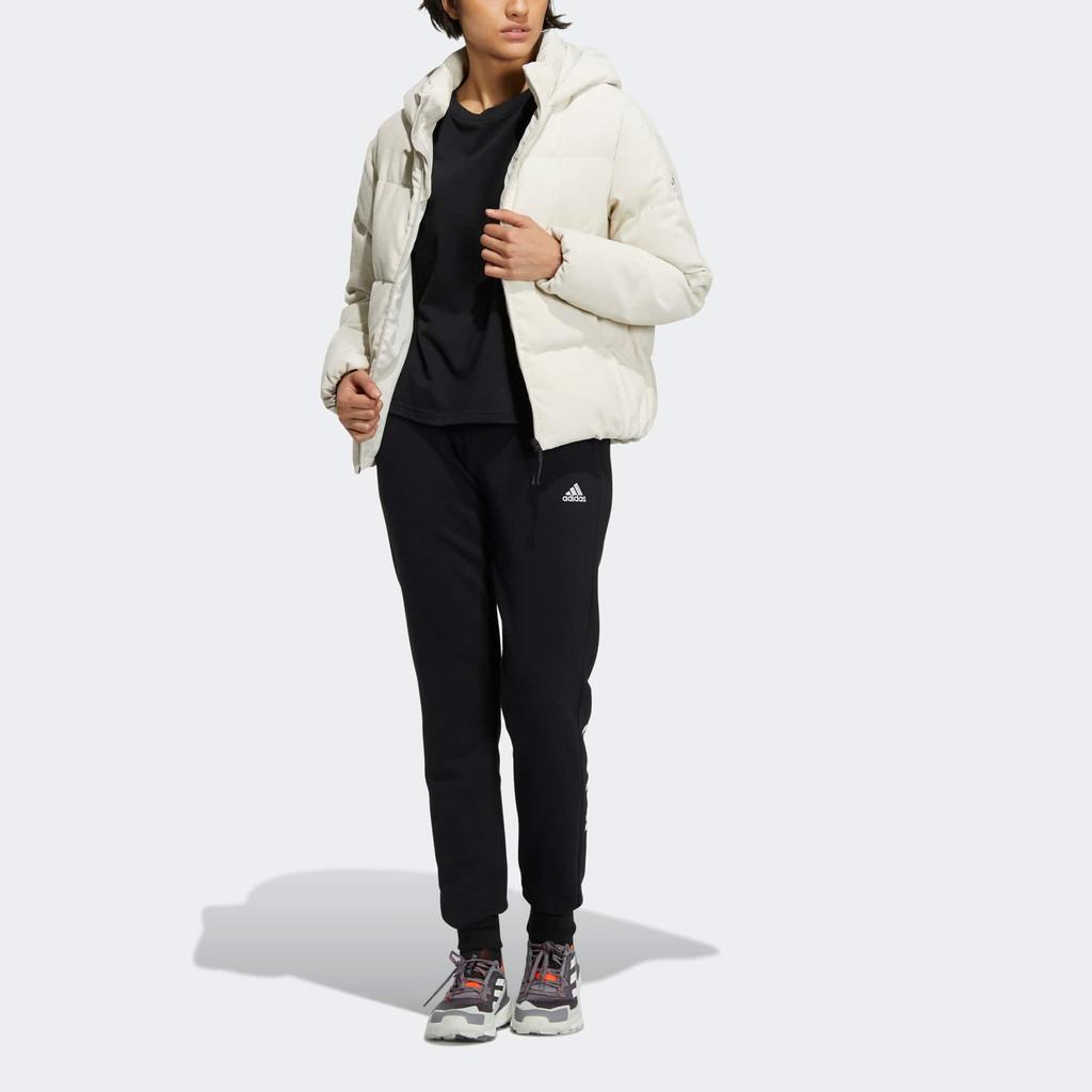 Adidas Womens Cord Down Jacket Solid Color Brand Logo Print Zipper Pocket Detail Hooded Down Jacket Women Jacket Off-White HN2112