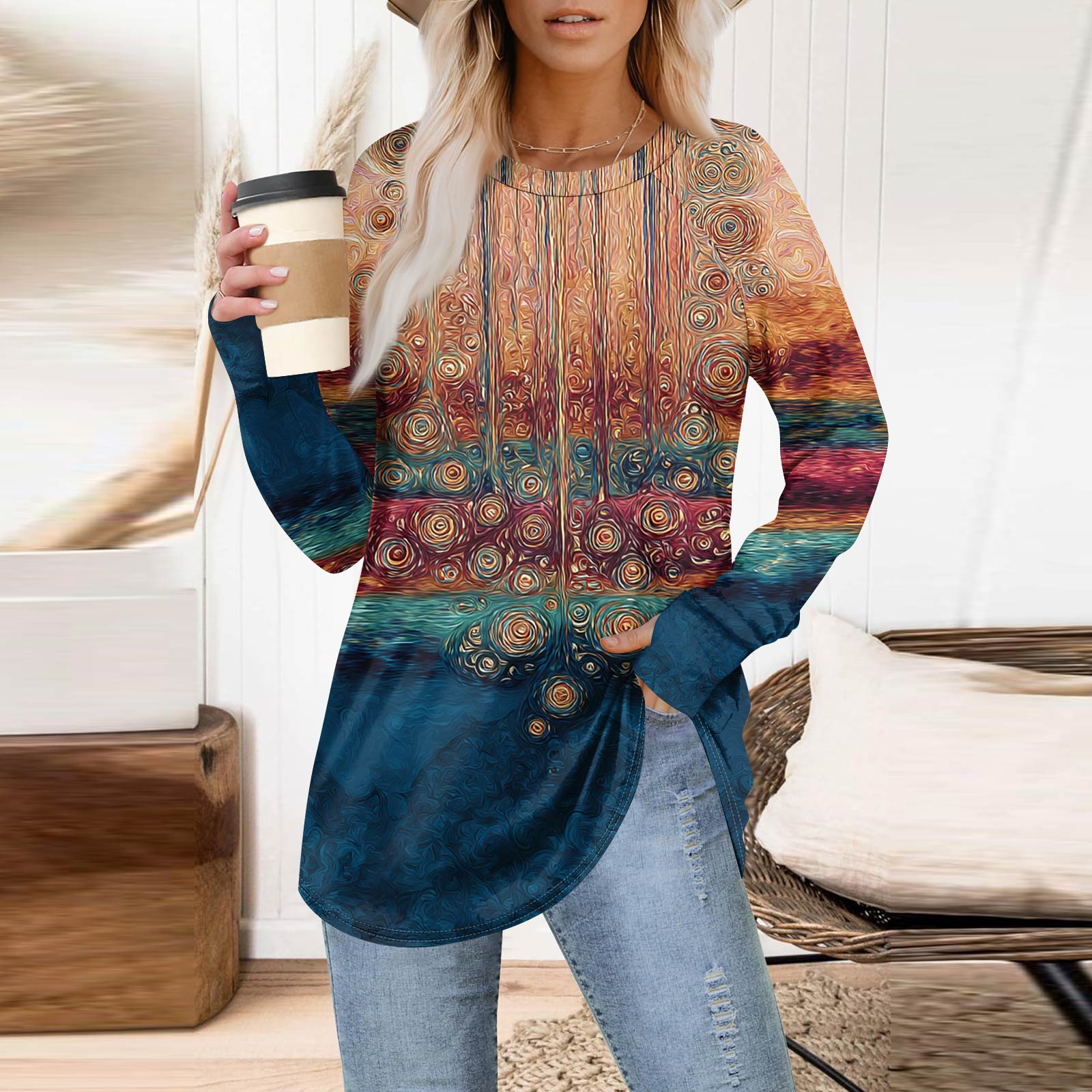 

Женская толстовка большого размера с графическим принтом, длинный рукав, спущенное плечо, круглая рубашка, топы, винтажная одежда S