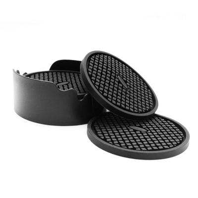Conjunto de 6 Porta-copos de Silicone (com Suportes) - Tapetes de Copo Antiderrapantes, Absorventes, Isolantes, Bandejas de Chá Fáceis de Lavar, Elegantes (Redondo, Preto)