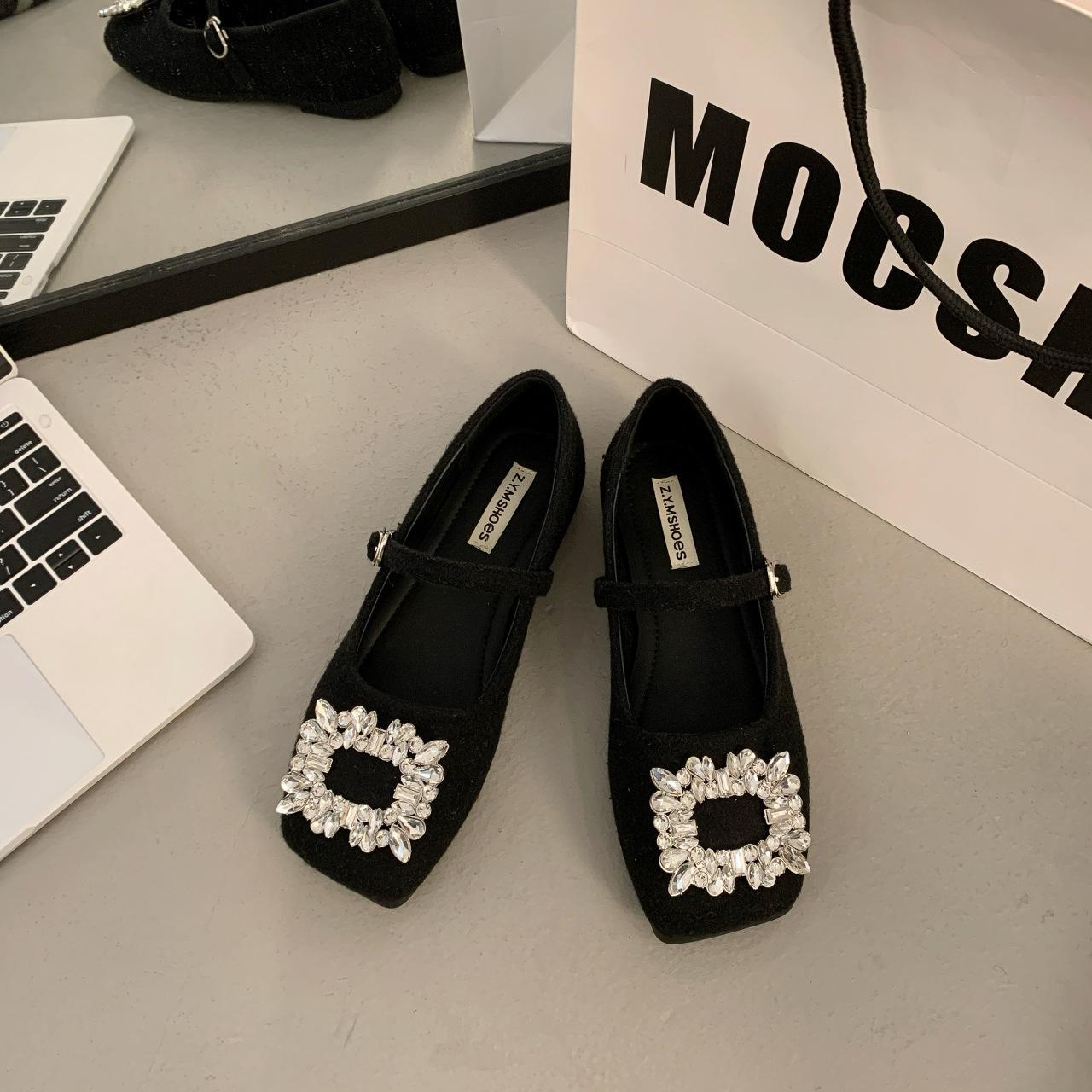 

2025 новые весенние нежные вечерние туфли Мэри Джейн на плоской подошве черного цвета с квадратной головкой, одинарные туфли со стразами, женские туфли 40 чёрный