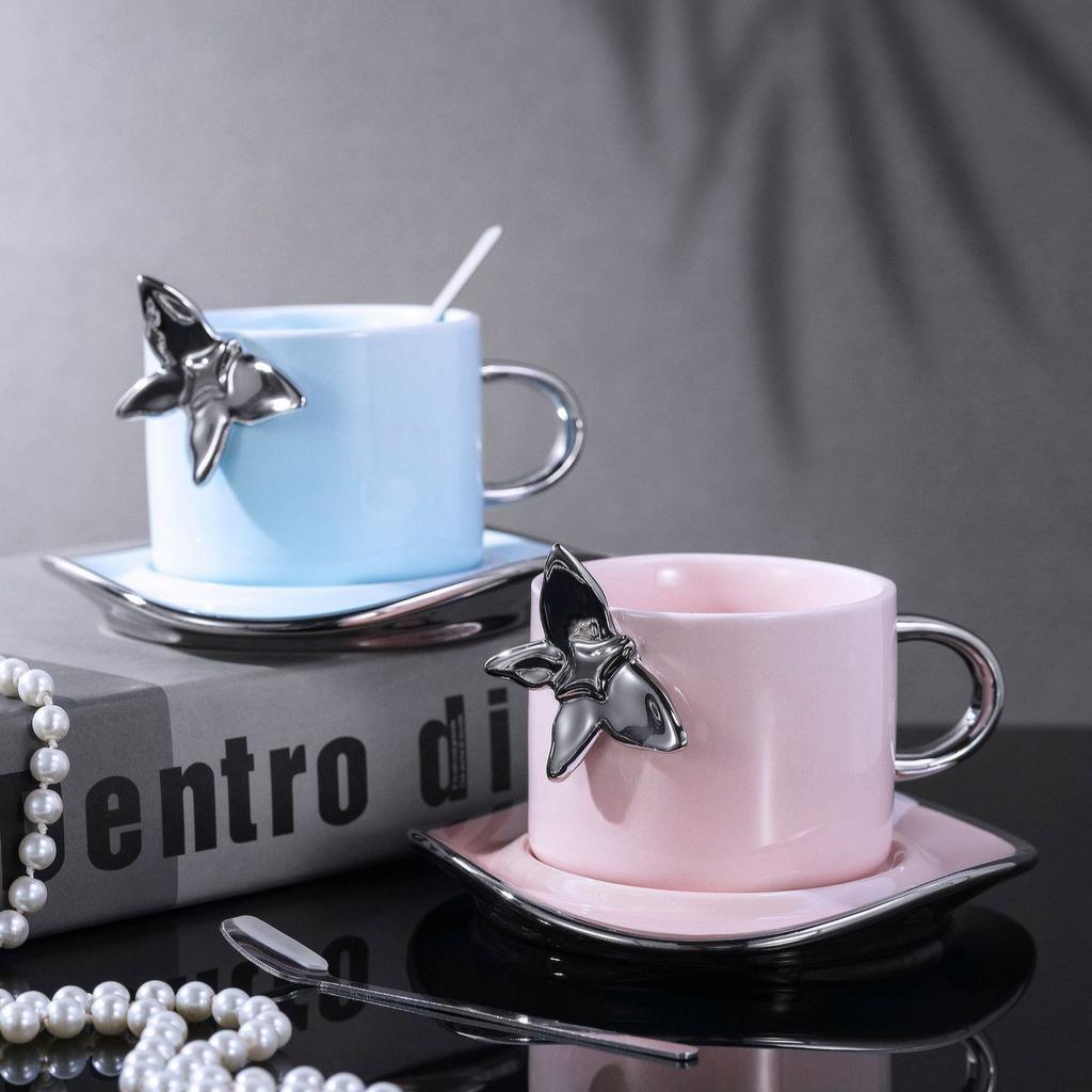 European Style Light Luxury Butterfly Coffee Cup Saucer Set Niche Design Mug Household Ceramic Cup Afternoon Tea Cup