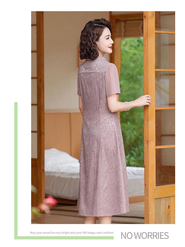 Rochie Qipao Elegantă de Vară cu Mânecă Scurtă, Șic, 2025, pentru Femei de Vârstă Mijlocie