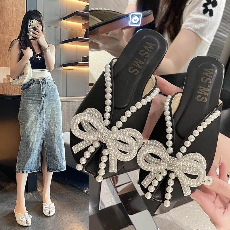 Baotou half slippers women's summer outer wear 2025 new versatile flat bottom pregnant women French pearl bow fish mouth sandals