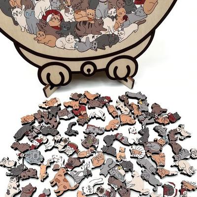 135-Piece Morandi Color Cat-Shaped Wooden Jigsaw Puzzle Irregular Cats Shaped Animal Pieces For Home Decor & Party Games Gifts