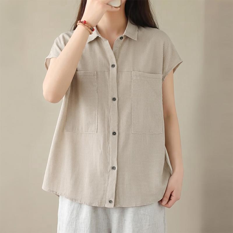 ZANZEA Women Casual Turn Down Collar Loose Short Sleeve Plaid Blouse