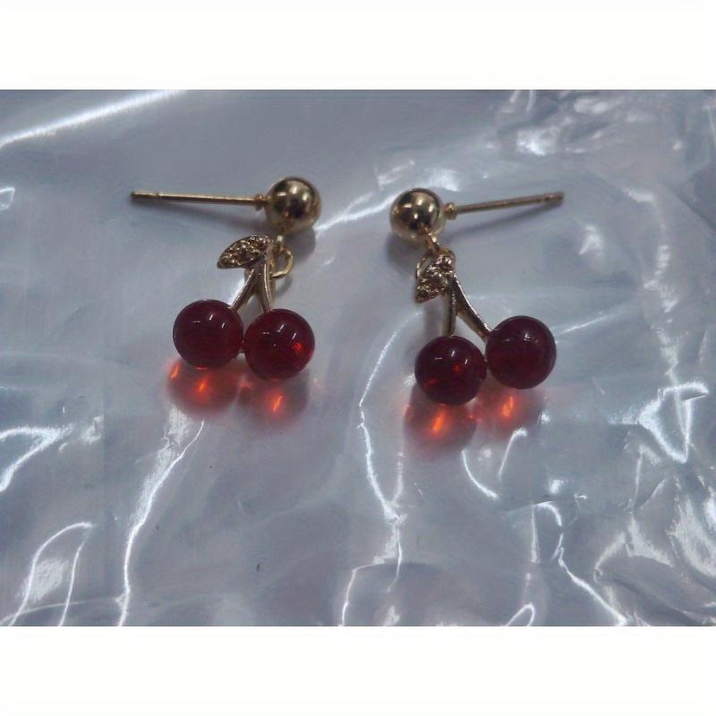Ladies' Golden Cherry Earrings, Embellished with Red Beads, Simple Style Sweet and Fresh Design, Cute Cherry Shaped Accessories.