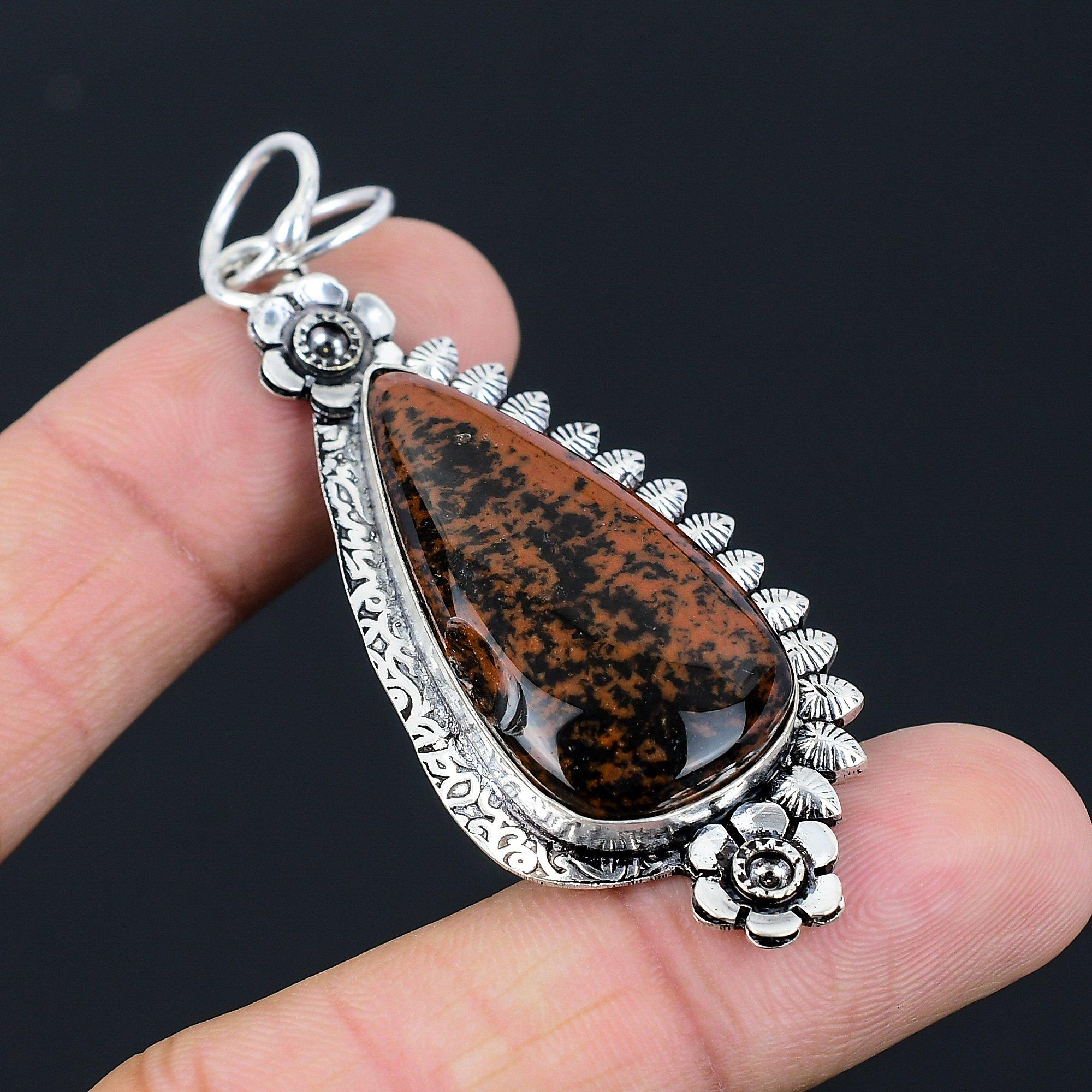 Natural Mahogany Obsidian Gemstone Pendant 925 Sterling Silver Indian Jewelry