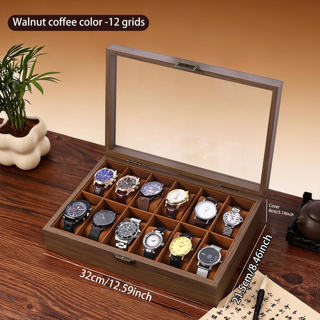 1pc Multi grid wooden watch box with glass cover adjustable jewelry storage box glasses bracelet velvet watch display box