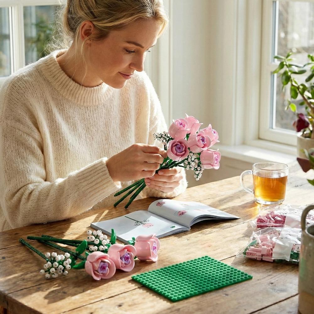 Romantic Rose Flower Building Blocks Set Pink Roses Flowers Toys for Adults, Plant Desk Decoration Bricks Gifts for Girls 613PCS