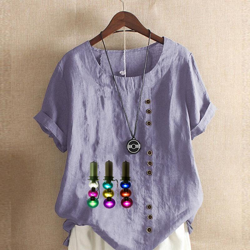 Women's Fashion Round Neck Short Sleeve T-shirt Casual Cotton Linen Graphic Shirt Leisure Loose Electric Light String Prined Summer Blouse Tops