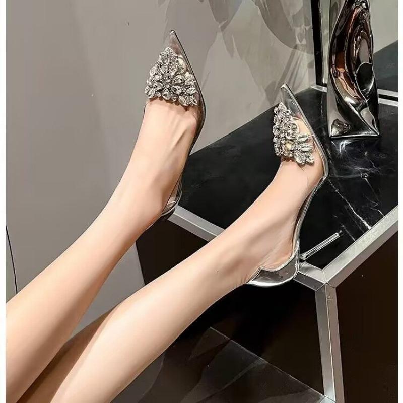 Spring New Thin Heel Shoes Women's Pointed Head Shallow Mouth Crystal Buckle Splicing Anti-slip Wear-resistant High Heels