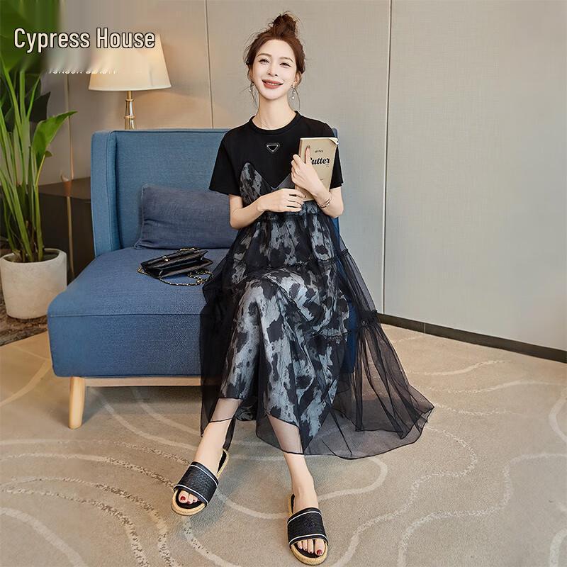 Sisbyshe Round Neck Short Sleeve Patchwork A-line Midi Dress L