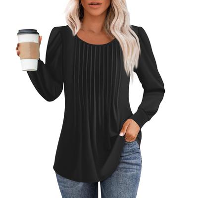 Langarmshirts für Damen, Oberteile, elegante, lässige Blusen, plissierte Tunika-Oberteile mit Rundhalsausschnitt