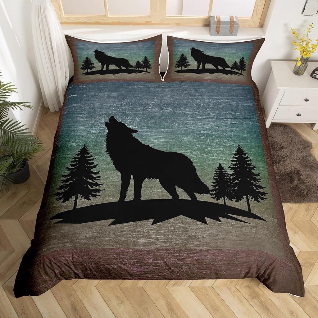 Kids Wolf Comforter Cover Full Queen Size Botanical Floral Bedding Set Wild Animal Duvet Cover Plant Flower Bedspread Cover