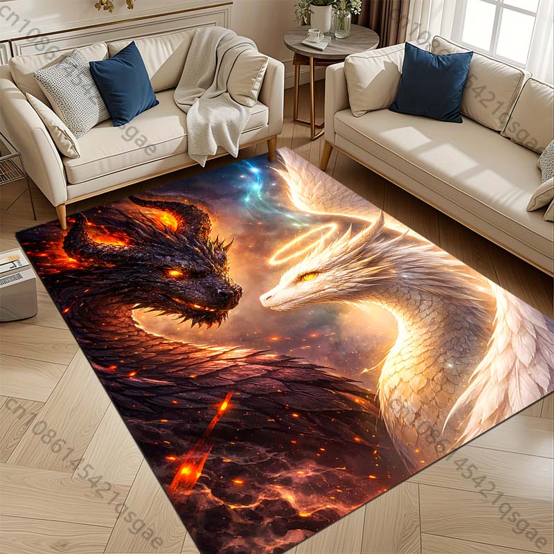 Fiery Black Dragon Versus Angelic White Dragon Print Carpet for Living Room Bedroom Sofa Home Decor Non-slip Mat Luxury Gift