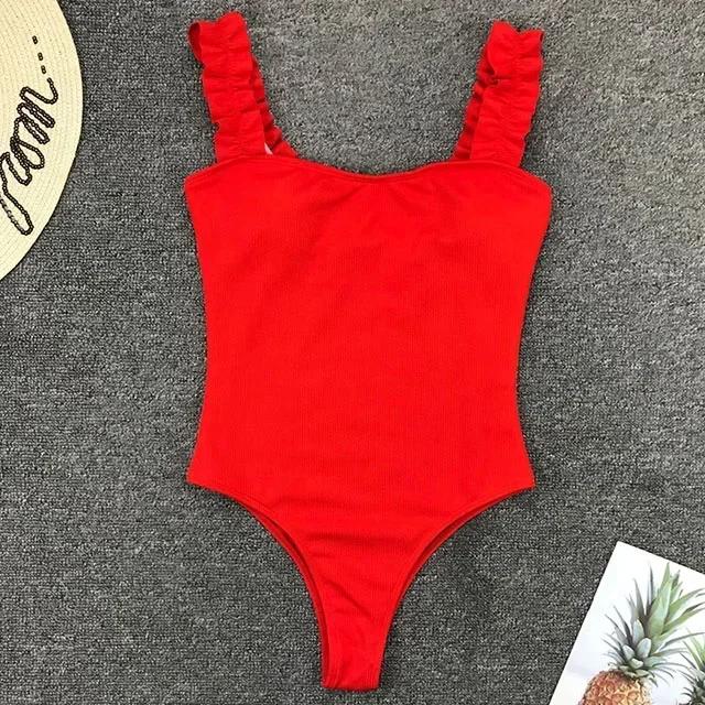 Sexy White Frill Trim Ruffled Ribbed Female Swimwear One Piece Swimsuit Women Monokini High Cut Bather Bathing Suit Swim Lady