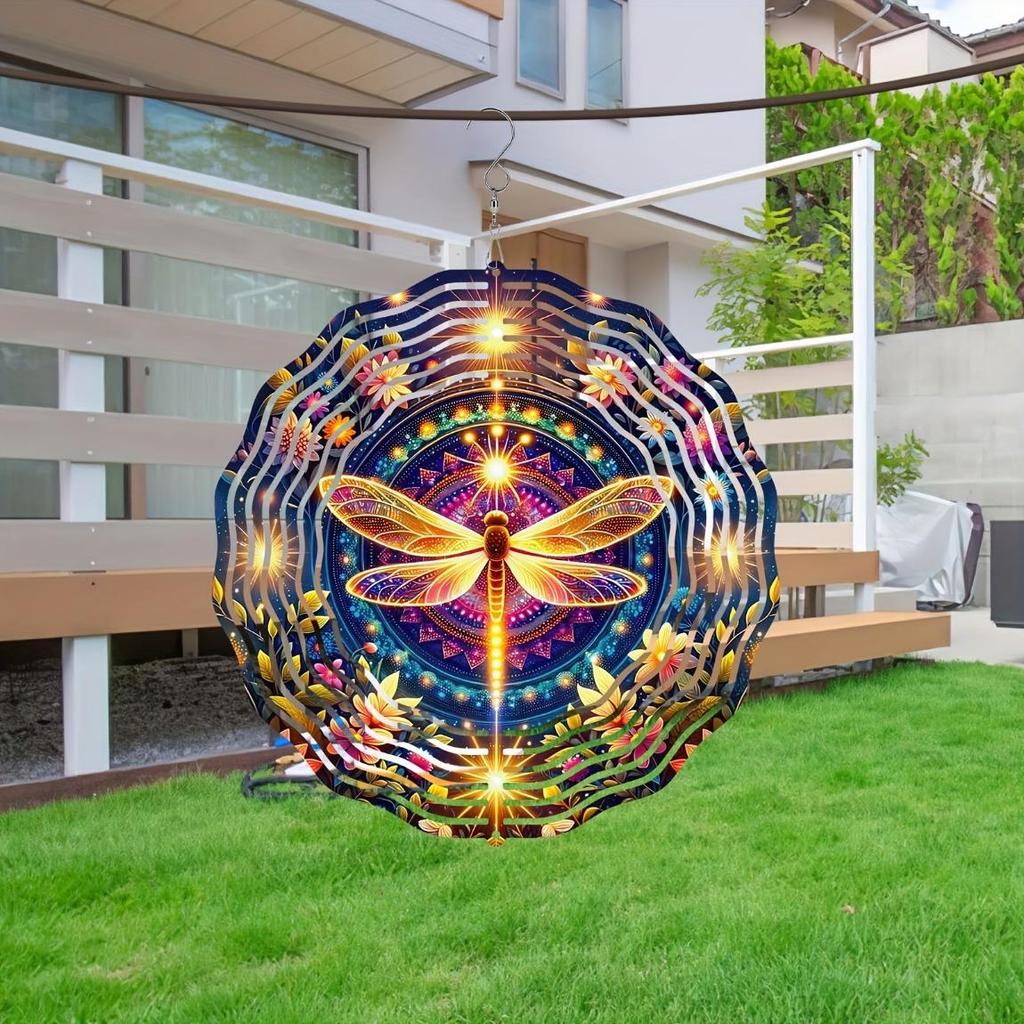 Bohemian Mandala Dragonfly Wind Spinner - 2D Stainless Steel Garden Art, Handcrafted Floral Metal
