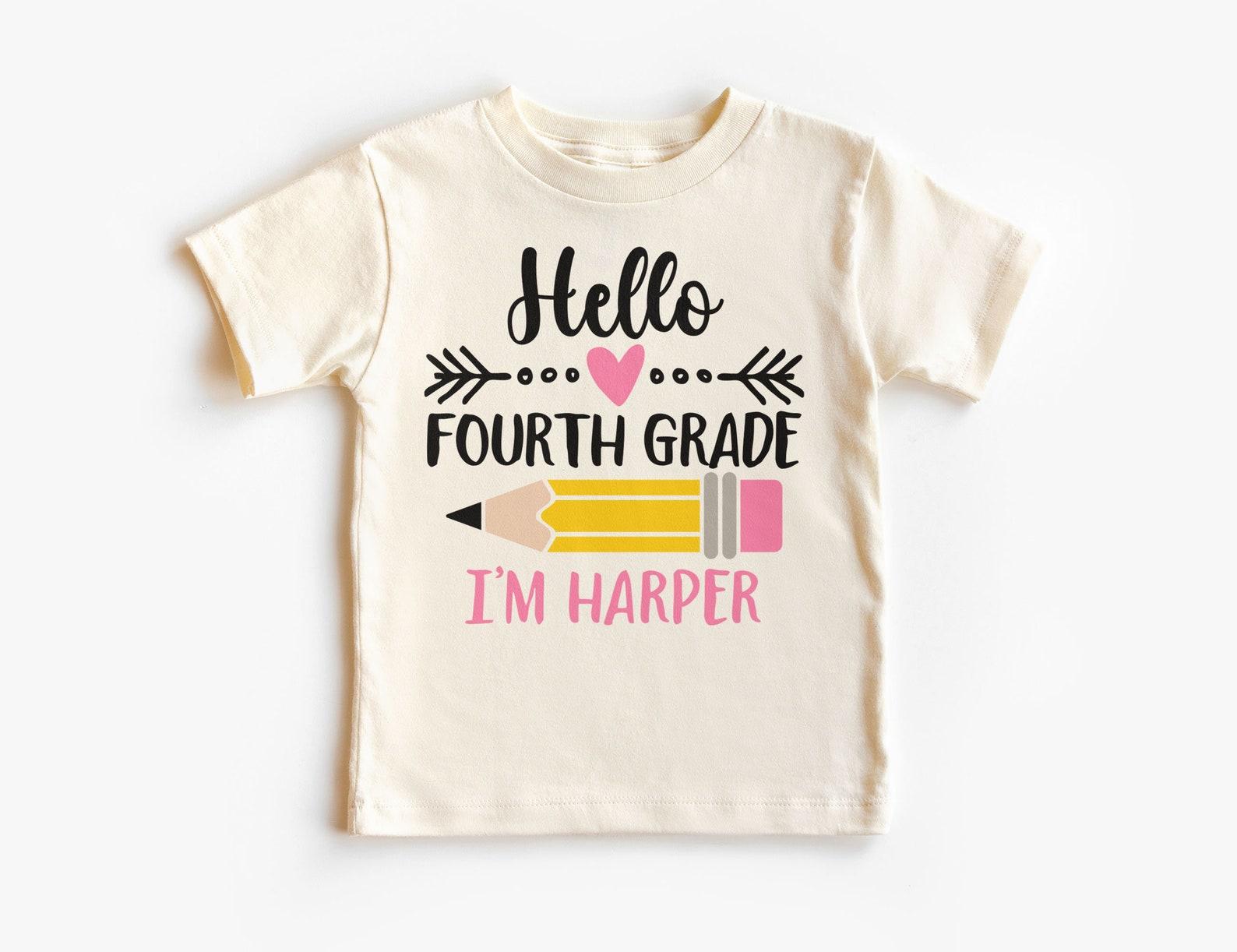 Personalized Hello Fourth Grade Kids Shirt, Custom Child s Name Pencil Tee, Back To School 4th Grader Outfit, Unisex Youth Kids Clothing 110