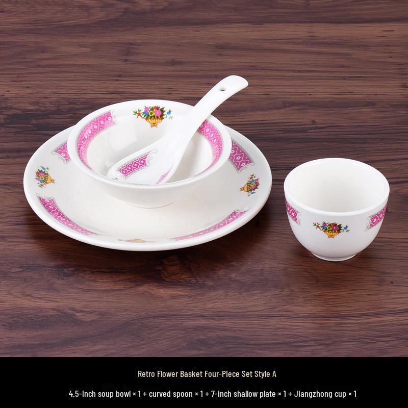 Hong Kong Style Vintage Ceramic Tableware: Fish Plate, Kway Teow Dish, Noodle Soup Bowl, Rice Bowl.