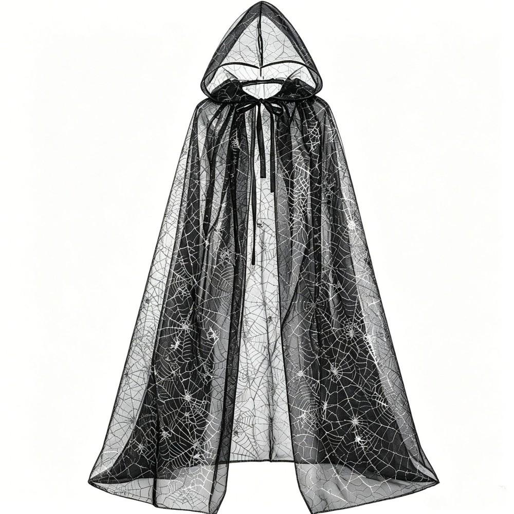 Semi-transparent Spider Web Mesh Cardigan Lightweight Long Cloak Halloween Hooded Cape  Costume Style B