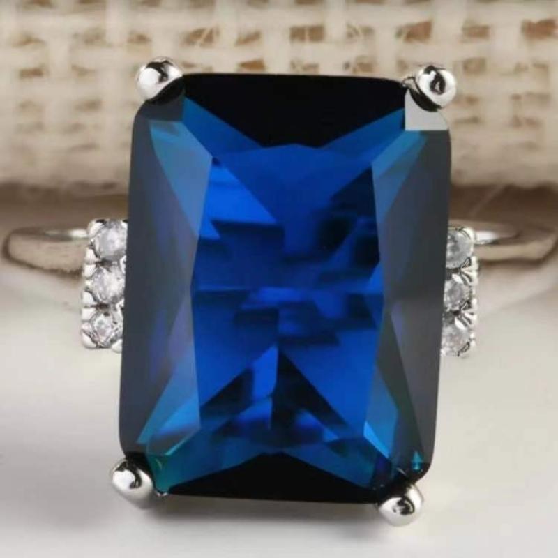 Exquisite Zinc Alloy Color Dark Blue Geometric Rectangle Crystal Zircon Rhinestone Female Ring for Women Party Zircon