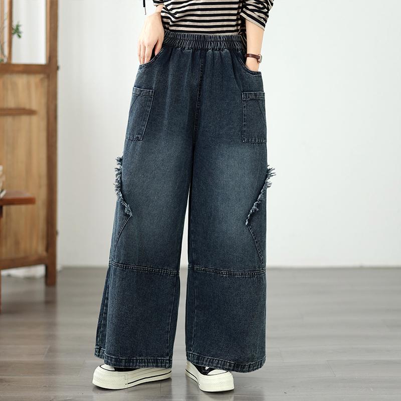DIMANAF 2026 Herbst Winter Neu Übergröße Damen Blaue Jeans Lange Hosen Elastische Taille Locker Lässig Denim Baumwolle Dicke Hosen Vintage Dame