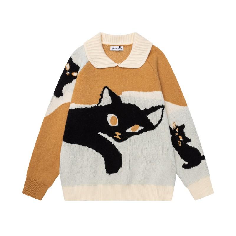 Unisex Oversize Luźny Sweter Akrylowy z Dzianiny z Kołnierzykiem Retro Styl Amerykański Colorblock Nadruk Kota Jesień Ubranie Codzienne