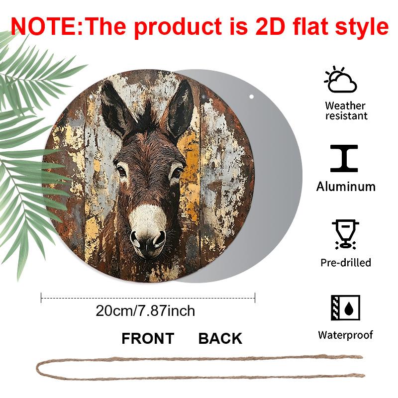2D Flat, 1pc Round Aluminum Donkey Portrait Vintage Metal Sign, Retro Farm Animal Art Print with Distressed Rustic Finish - Vintage Wooden Background