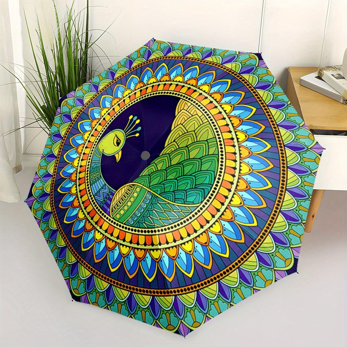 Automatic Folding Umbrella Mandala peacock design. Portable collapsible design, casual outdoor accessory, for all seasons, Chr