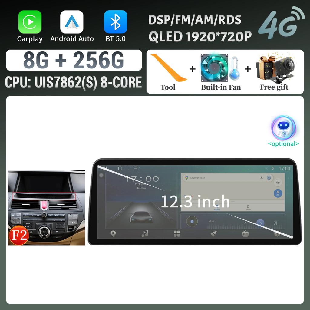 12.3inch Android For Honda Accord 2008-2012 Car Radio Multimedia Navigation 4G GPS Wireless BT CarPlay Touch Head Unit Screen
