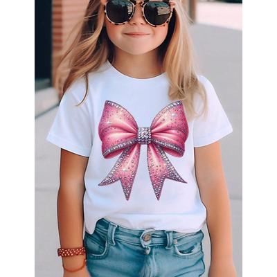 Europäische Größen Sommer-T-Shirt mit kurzen Ärmeln für Mädchen mit Schleife & Buchstabenaufdruck - Rosa Rundhals-Bluse, Kurzärmeliges Freizeit-Top für Freizeitkleidung,