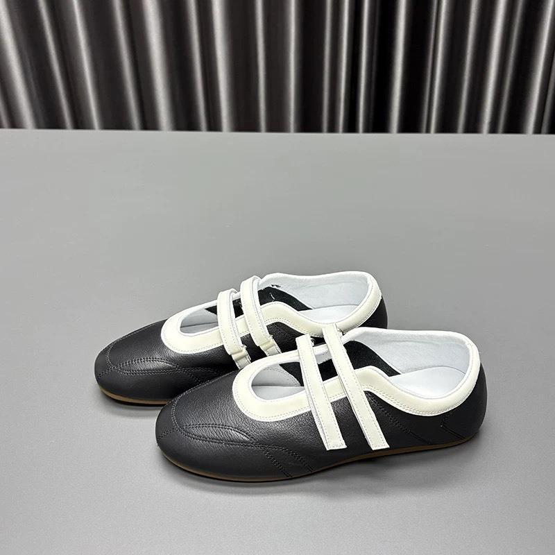Versione in pelle di pecora~ Scarpe sportive casual a testa tonda coreane a bocca bassa Scarpe Mary Jane con velcro Scarpe singole Scarpe da allenamento tedesche a fondo piatto da donna