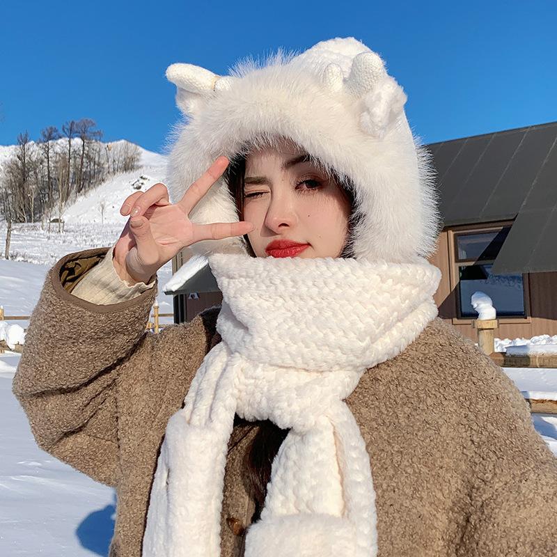 

Women s hat and scarf integrated two-piece set, plush thickened anti-cold and warm cover, knitted hat three-piece set [ready stock] hat and scarf all in one