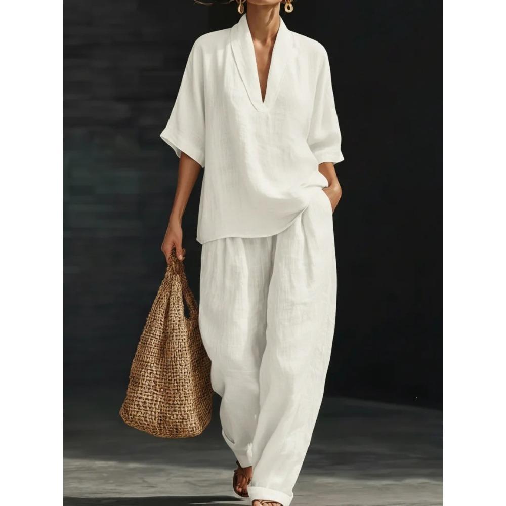 Women's V Neck Three Quarter Sleeve Loose Fit Solid Color Linen Blend 2 Piece Outfit High Waist Wide Leg Pants Casual Summer Loungewear Set