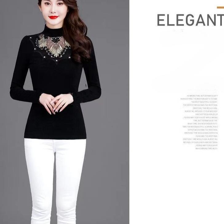 Women's Printed Stretch Base Shirt Slim Fit Lace Rhinestone Long Sleeve T-Shirt Fall Winter