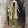 Women's 3-Piece Chinese Hanfu Set, Printed Open Front Cardigan & Wide Leg Song Pants, Zen Style Daily Wear Outfit