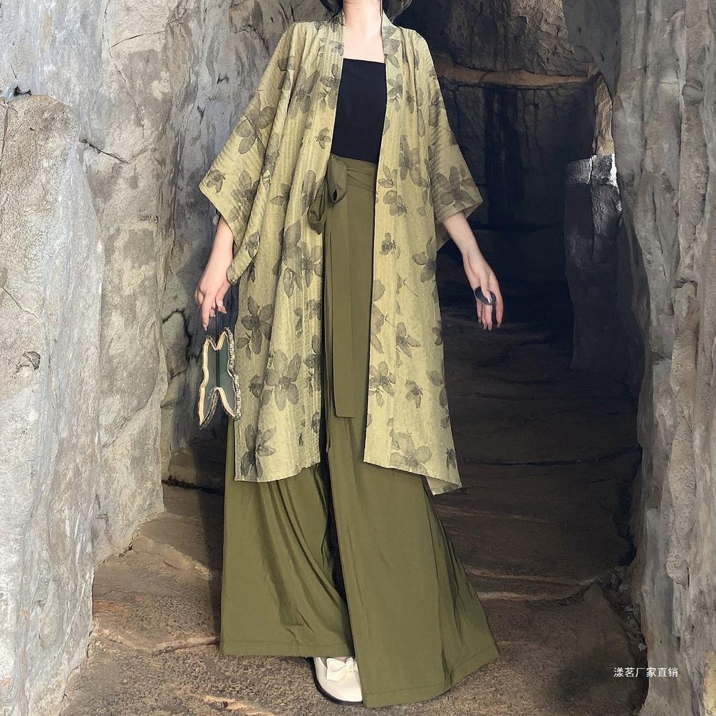 Women's 3-Piece Chinese Hanfu Set, Printed Open Front Cardigan & Wide Leg Song Pants, Zen Style Daily Wear Outfit