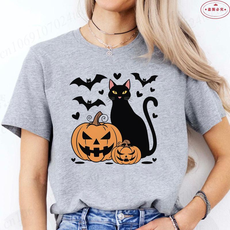 Black Cat Halloween Print Unisexs Summer Tshirt Casual Clothing Oversized Y2k Personality Short Sleeve Tops Spooky Season Tees