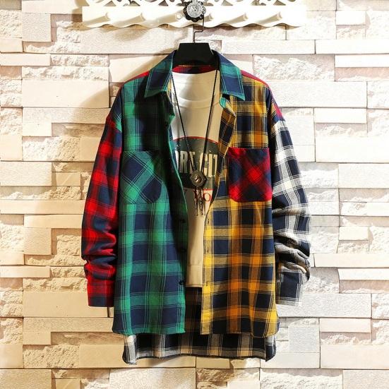 Men Spring Shirt Colorblock Plaid Print Single-breasted Loose Long Sleeve Lapel Buttons Streetwear Casual Cardigan Shirt Coat