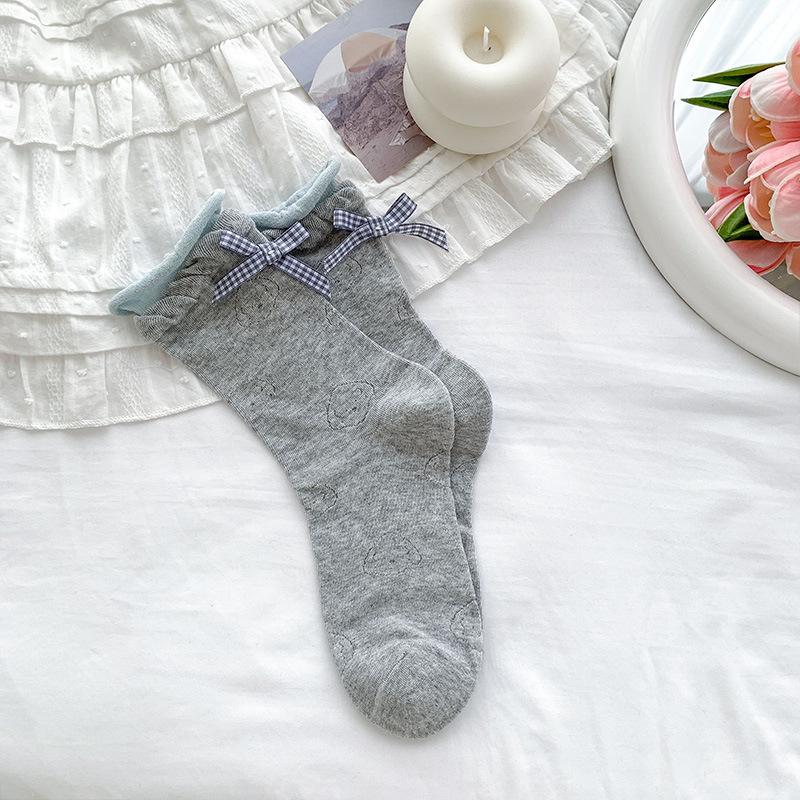 

Женские весенне-летние тонкие милые ажурные носки с милым бантом в рубчик из хлопка 1 pair серый
