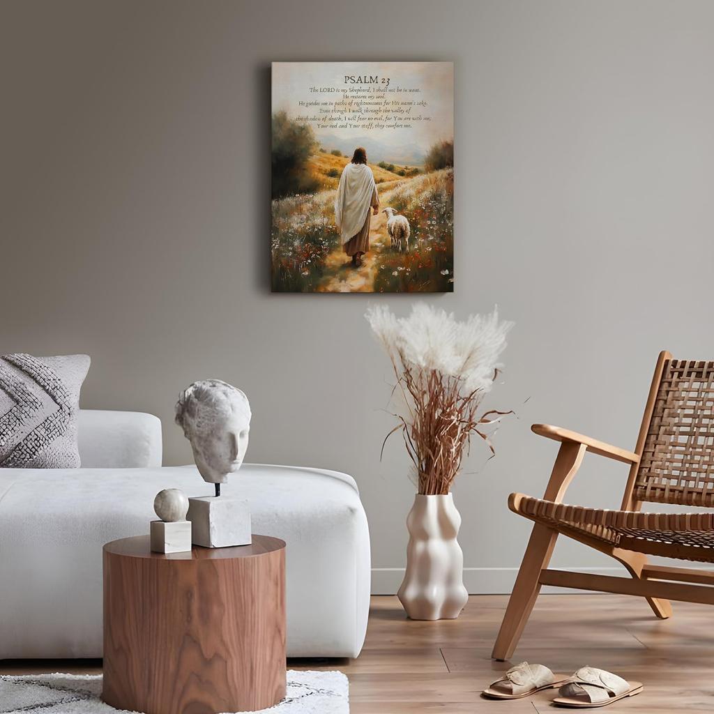 APJYM Psalm 23 the Lord is My Shepherd Bible Verse Canvas Wall Art Framed, Christian Room Decor, Jesus and Lamb Christian Prints Poster Wall Decor
