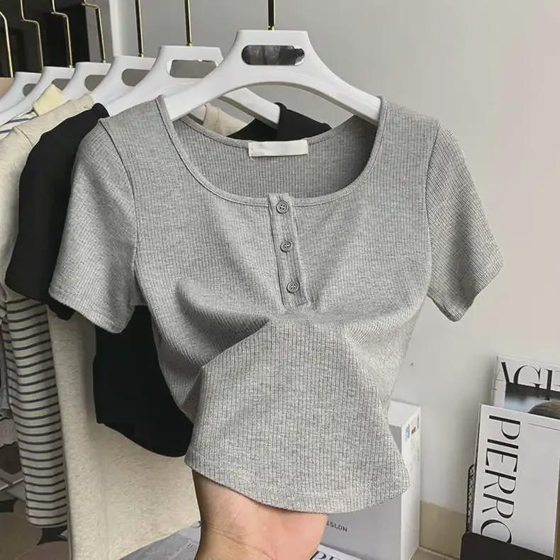 Women's 2024 Striped U-Neck Square Neck T-Shirt, Short Sleeves, Summer Fashion Niche Design