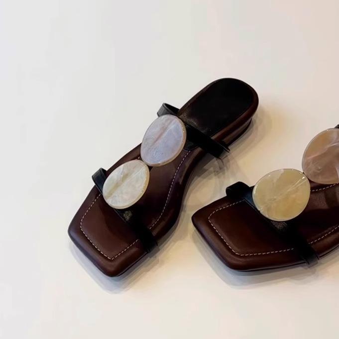 

[Fanfna] French one-word cool slippers for women, open-toed square head temperament Roman shoes, flat beach shoes for women 40 чёрный