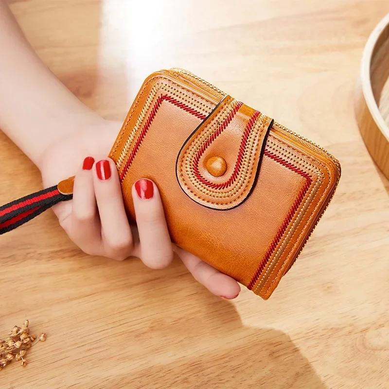 

Cross Border Retro Oil Wax Skin European and American Multi Slot Organ Card Bag Zipper Short Women s Wallet коричневый