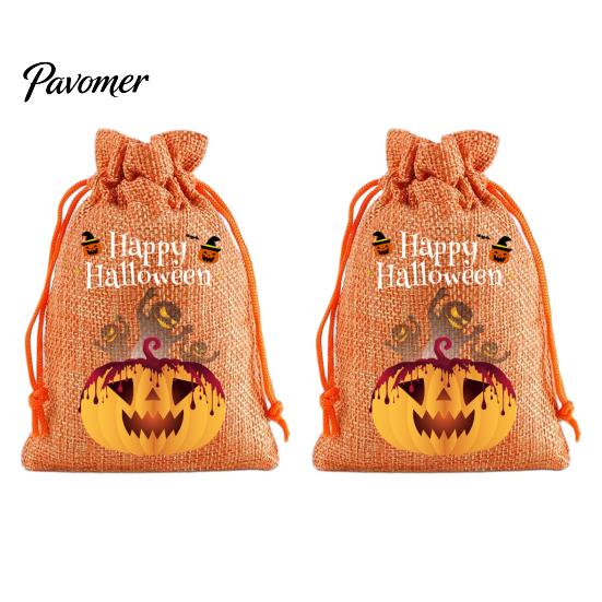 Trick or Treat Party Souvenirs 2Pcs Halloween Pumpkin Drawstring Bags for Candy Treats, Retro Burlap Rustic Linen Goodie Bags, Portable Kids