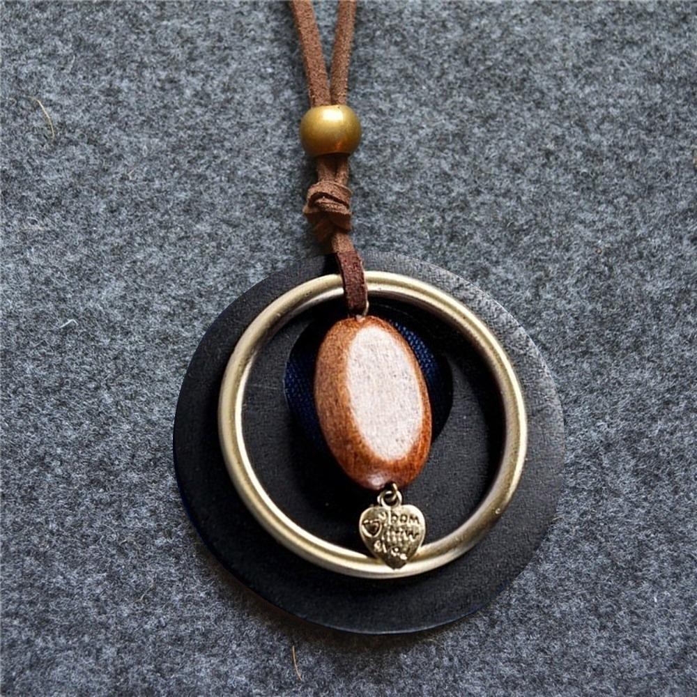 Boho Wooden Pendant Necklace Leather Chain Sweater Necklace Vintage Sweater Chain  for Women Men