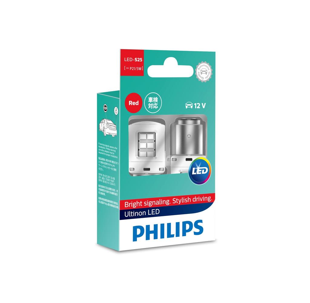 Philips Ultinon LED Rücklicht S25 Doppel 12V Autolampen Fahrzeuginspektionskonforme Lampen, (P21 / 5W) 2.7W, Rot, 2er-Pack, & Lichter, 11499ULRX2,
