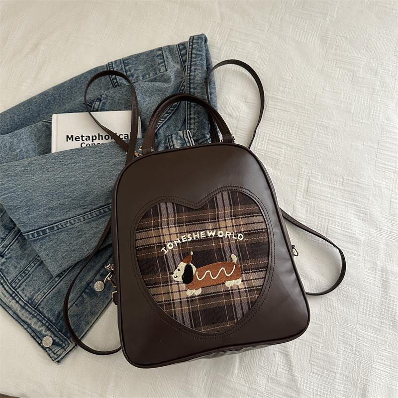 

Винтажный рюкзак-сумка в виде таксы, женская осень 2025, новый модный клетчатый рюкзак большой вместимости, школьный рюкзак для школьников темно-коричневого