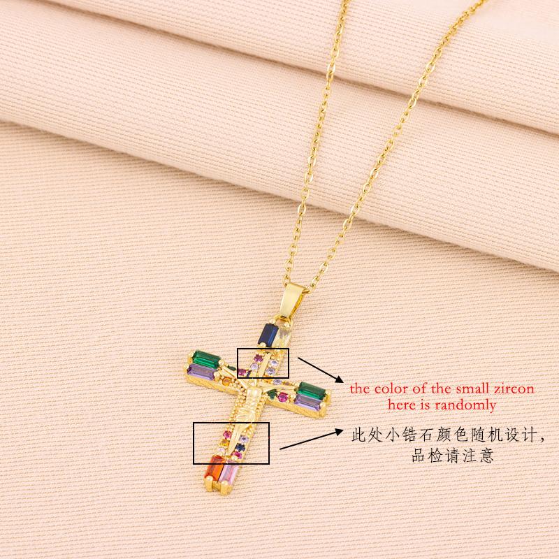 New Bohemia Retro Colorful Zircon Crystal Jesus Cross Pendant Necklaces For Women Vintage Punk Style Female Neck Chain Jewelry